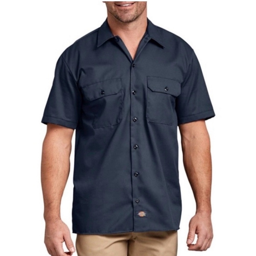 Dickies Men's Short-Sleeve Button-Down Work Shirt in Navy Blue